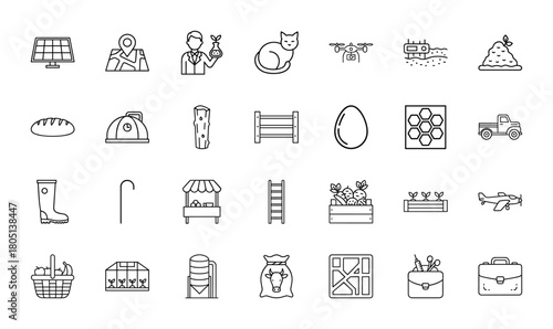Agriculture and rural life icon set. Vector pictograms of solar panel, map, drone, truck, greenhouse, market stall, vegetables, egg, and silo, thin linear illustration.