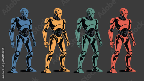 Futuristic robots standing guard in multiple colors, representing advanced technology and innovation for a cutting-edge, automated future