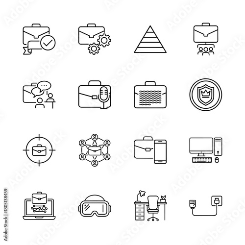 Business and corporate technology line icon set. Vector pictograms of briefcase, gears, pyramid, meeting, microphone, shield, workstation, virtual reality, and desk, thin linear illustration.