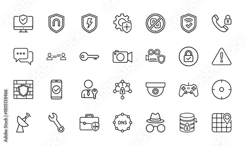 Cybersecurity and network protection line icon set. Vector pictograms of shields, digital devices, keys, cameras, firewalls, databases, and surveillance, thin linear illustration.