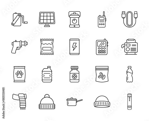 Survival and outdoor equipment line icon set. Vector pictograms of hand crank, solar panel, lantern, radio, USB cable, food, medicine, and warm clothing, thin linear illustration.