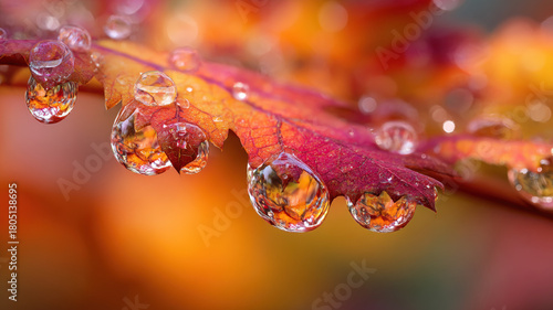 Magenta Autumn Leaf With Clear Water Droplets Reflecting Orange Background Macro Nature Photography Showing Beautiful Fall Colors
