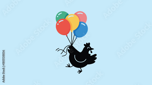 Whimsical chicken soars with colorful balloons against a pastel sky for fun party invitations and playful children's book illustrations