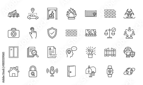 Security and protection line icon set. Vector pictograms of tow truck, fire alarm, container, shield, brick wall, first aid, justice scales, padlock, and house, thin linear illustration.