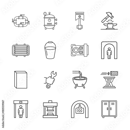Industrial and engineering line icon set. Vector pictograms of pipe system, boiler, piston, forging, bucket, gears, wrench, press, and scanner, thin linear illustration.