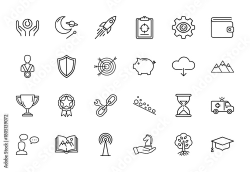 Universal line icon set. Vector pictograms of hands, rocket, wallet, shield, piggy bank, cloud, trophy, ambulance, book, and tree, thin linear illustration.