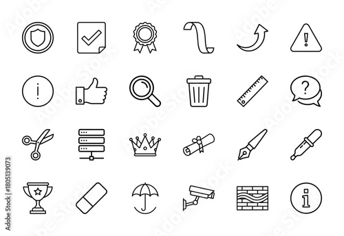 General purpose line icon set. Vector pictograms of security shield, document, magnifying glass, server, crown, diploma, fountain pen, trophy, camera, and umbrella, thin linear illustration.