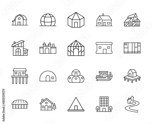 Housing and architecture line icon set. Vector pictograms of barn, traditional house, modern house, castle, shop, stilt house, boat, and apartment building, thin linear illustration.