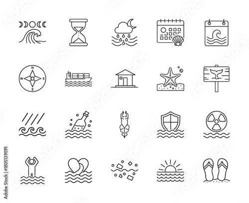 Ocean and marine line icon set. Vector pictograms of wave, hourglass, compass, ship, starfish, whale tail, message bottle, water pollution, sunset, flip-flops, beach house, thin linear illustration.