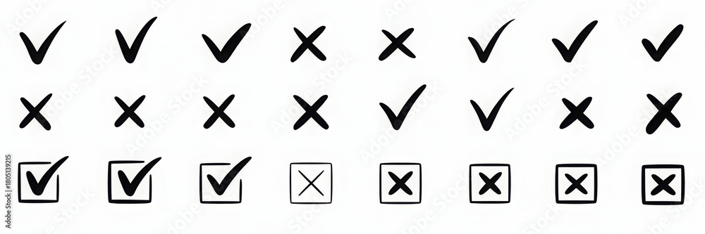 Fototapeta premium Check tick mark icon set. Cross box x check mark checkbox v list draw hand drawn sketch doodle brush marker checklist symbol wrong right circle. Illustration 