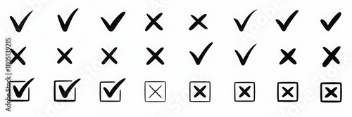 Check tick mark icon set. Cross box x check mark checkbox v list draw hand drawn sketch doodle brush marker checklist symbol wrong right circle. Illustration 