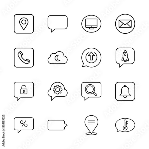 Web and UI line icon set. Vector pictograms of location, chat, computer, email, phone, cloud, rocket, settings, search, and notification, thin linear illustration.