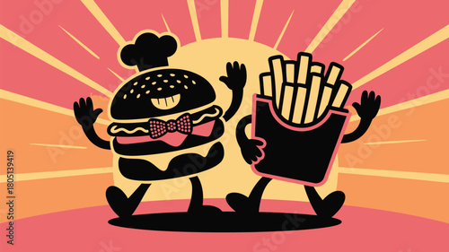 Fun cartoon burger and fries characters celebrating mealtime together on retro background, perfect for restaurant promotions and family dining concepts