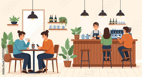 Coffee Shop Scene People Enjoying Drinks and Work in a Cozy Cafe Setting