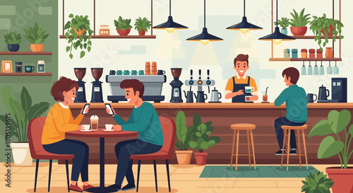 Coffee Shop Scene People Enjoying Drinks and Work in a Cozy Cafe Setting