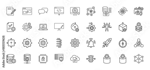 Technology and business process line icon set. Vector pictograms of development, data, settings, documents, cloud, security, and network, thin linear illustration.