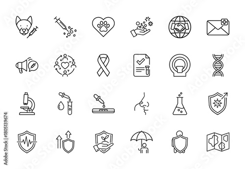 Healthcare and medical line icon set. Vector pictograms of syringe, DNA, microscope, MRI scanner, awareness ribbon, and protection shields, thin linear illustration.