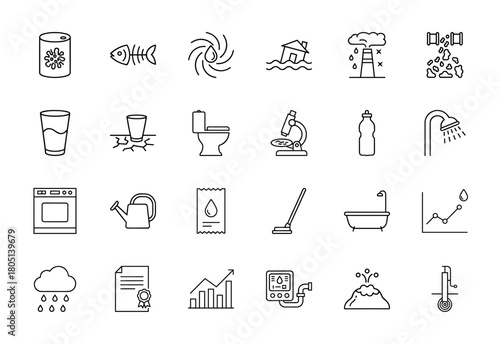 Environmental water line icon set. Vector pictograms of polluted barrel, fish skeleton, flooded house, drought, water bottle, shower, washing machine, and water pump, thin linear illustration.