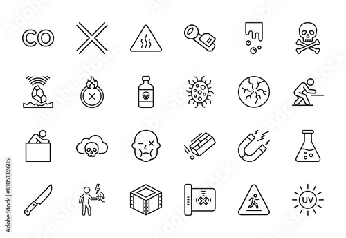 Hazards and warnings line icon set. Vector pictograms of poison, radiation, virus, electric shock, chemical flask, magnetic field, and various danger signs, thin linear illustration.