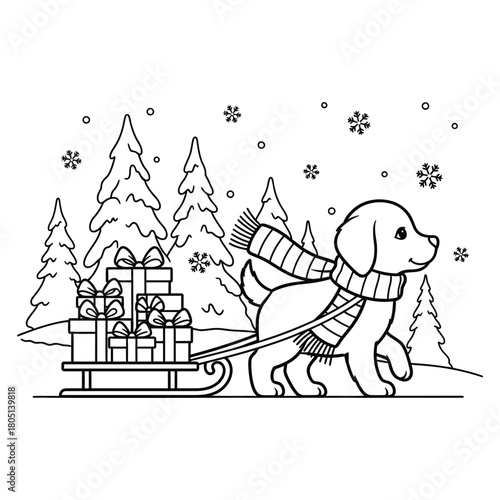 Dog pulling a sleigh full of gifts through a snowy forest