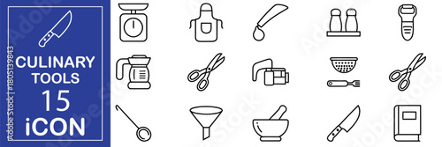 Collection of 15 hand drawn culinary kitchen tool icons.