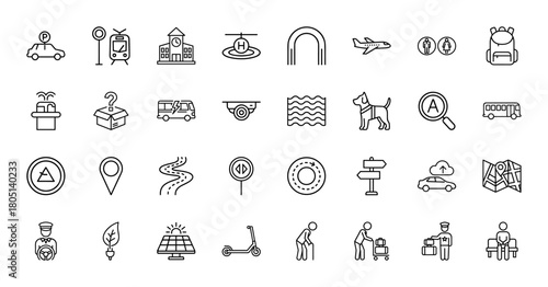 Travel and urban navigation line icon set. Vector pictograms of car, tram, building, airplane, bus, map, roads, luggage, and public services, thin linear illustration.