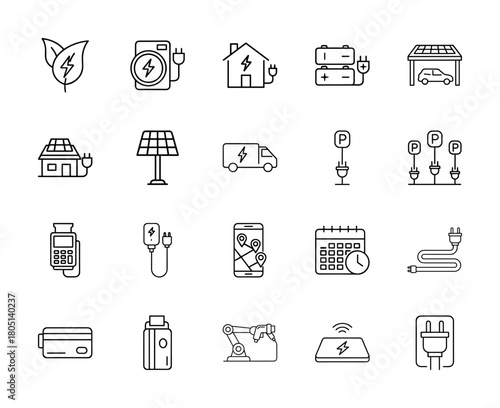 Electric vehicle and renewable energy line icon set. Vector pictograms of leaf, charger, house, batteries, solar panel, truck, charging pole, and power cable, thin linear illustration.