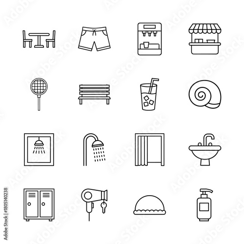 Summer activities and public facilities line icon set. Vector pictograms of table, shorts, dispenser, kiosk, racket, bench, drink, shower, sink, lockers, and swim cap, thin linear illustration.