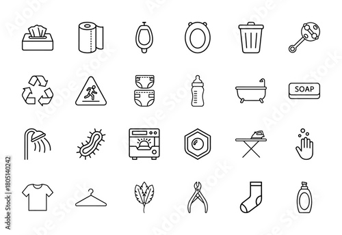Personal hygiene and household line icon set. Vector pictograms of tissue, toilet paper, trash can, diapers, baby bottle, shower, iron, and washing machine, thin linear illustration.