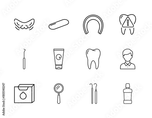 Dental care line icon set. Vector pictograms of tooth, floss, toothpaste, mouthwash, dental tools, and a patient, thin linear illustration.