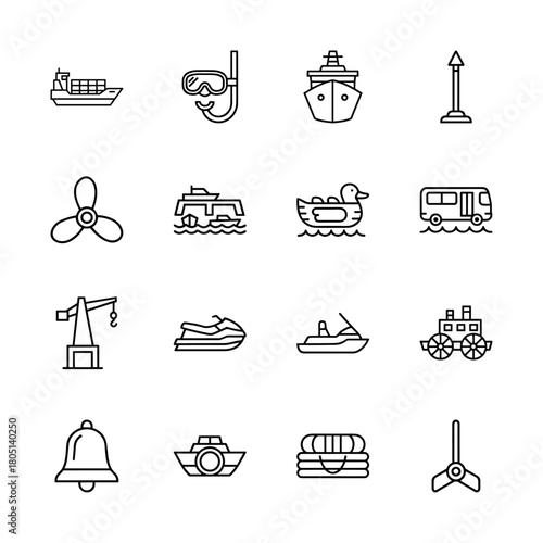 Marine and travel line icon set. Vector pictograms of ships, boats, snorkel, propeller, buoy, jet ski, crane, bell, and lifebuoy, thin linear illustration.