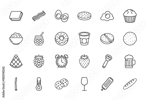 Food and breakfast line icon set. Vector pictograms of sandwich, bacon, eggs, muffin, donut, coffee, raspberry, strawberry, beer, wine, bun, and roll, thin linear illustration.
