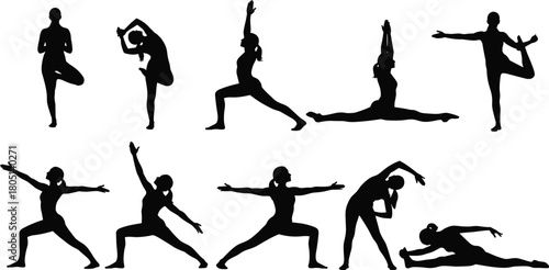Yoga poses silhouette set, female fitness stretching, meditation exercises, woman gym workout vector collection, isolated.