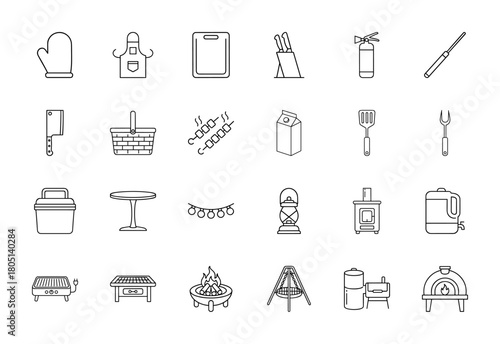Barbecue and picnic line icon set. Vector pictograms of oven mitt, apron, cutting board, skewers, grill, fire pit, cooler, and lantern, thin linear illustration.