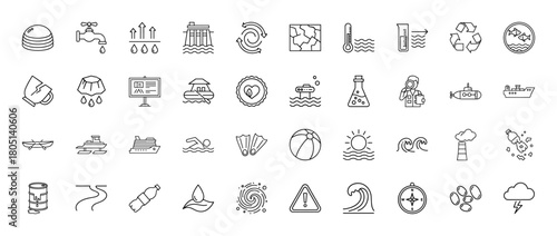 Water resources and ecological balance line icon set. Vector pictograms of tap, dam, evaporation, recycling, pollution, ships, waves, and climate, thin linear illustration.