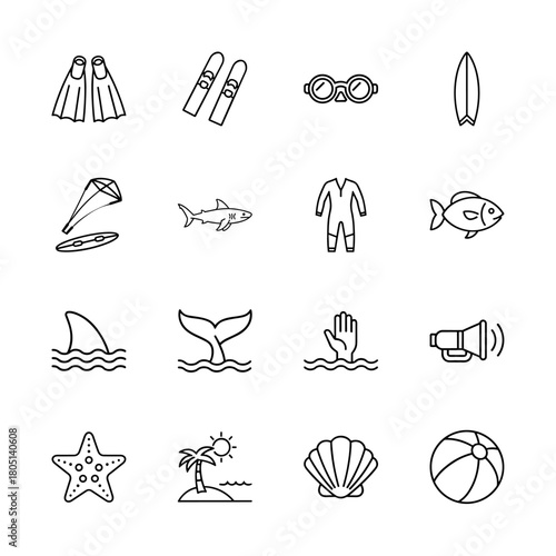 Beach and water sports line icon set. Vector pictograms of flippers, skis, goggles, surfboard, wetsuit, shark, fish, whale, starfish, shell, and beach ball, thin linear illustration.