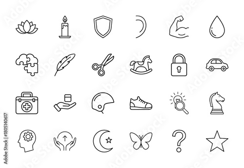 Universal concepts line icon set. Vector pictograms of lotus, candle, shield, brain, scissors, car, first aid, helmet, chess knight, butterfly, question mark, star, thin linear illustration.