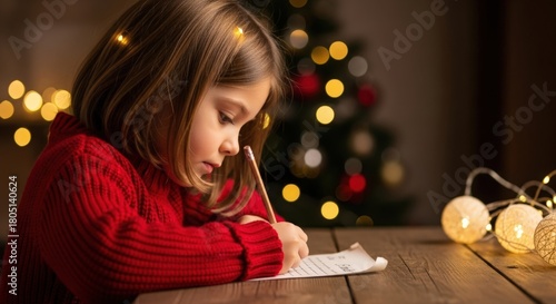 A young Caucasian girl with brown hair writes a letter at a wooden table. Christmas tree and lights are in the background, creating a festive atmosphere.
