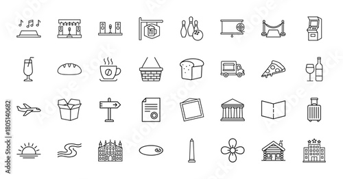 Lifestyle line icon set. Vector pictograms of music notes, stage, bowling pins, pizza, airplane, luggage, castle, hotel, museum, and coffee, thin linear illustration.