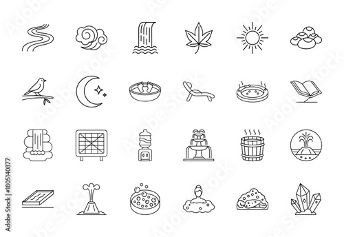 Wellness line icon set. Vector pictograms of river, waterfall, sun, moon, bath, hot tub, fountain, geyser, stones, and crystals, thin linear illustration.