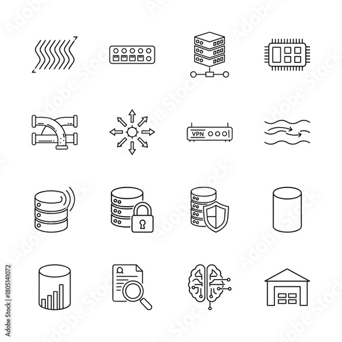 Technology and data management line icon set. Vector pictograms of servers, CPU, databases, VPN, network switch, data flow, and AI brain, thin linear illustration.
