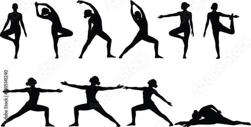 Yoga silhouette set, woman stretching poses, fitness exercises collection, female balance workout, gym vector isolated.