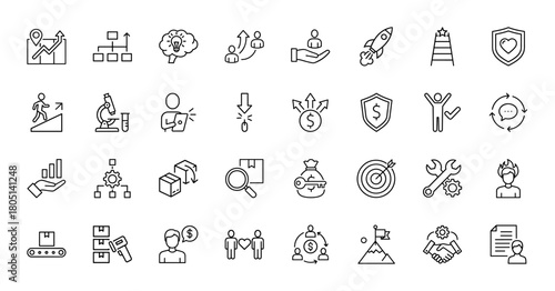 Business and startup vector line icon set. Pictograms for growth, organization, ideas, success, research, logistics, and team collaboration.