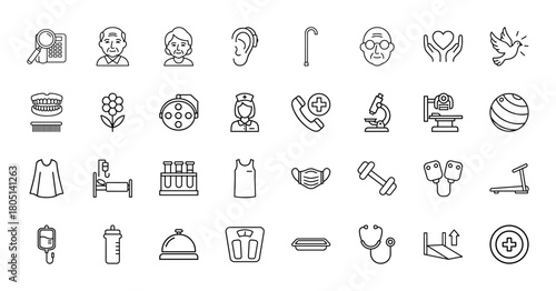 Senior care and medical support line icon set. Vector pictograms of elderly people, nurse, hospital bed, stethoscope, hearing aid, IV drip, and fitness tools, thin linear illustration.