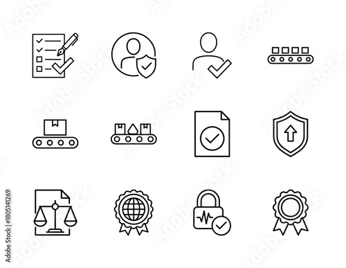 Quality control and compliance line icon set. Vector pictograms of checklist, user security, conveyor, verified file, legal balance, global badge, and padlock, thin line illustration.