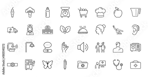 Healthcare and wellness line icon set. Vector pictograms of ambulance, nurse, hospital, stethoscope, apple, chef, scale, and first aid kit, thin linear illustration.