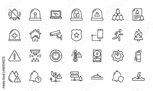 Security and safety line icon set. Vector pictograms of bells, sirens, surveillance cameras, padlocks, warning signs, fire extinguishers, and emergency alerts, thin linear illustration.