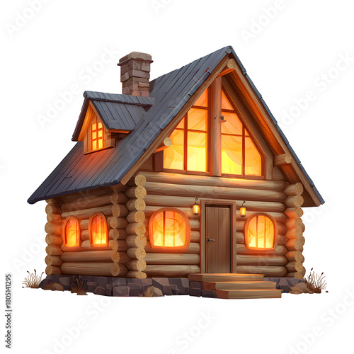 Cozy log cabin house PNG, rustic wooden cottage exterior with warm glowing windows, isolated 3D illustration for winter design