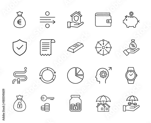 Finance and investment line icon set. Vector pictograms of money bag, wallet, piggy bank, gold bar, pie chart, contract, security, and savings, thin linear illustration.