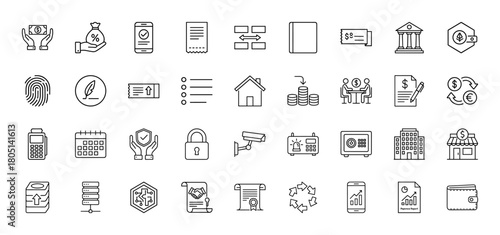 Business, finance, security line icons. Vector illustrations of money, banking, mobile, biometric, property, data, contract, and report elements.